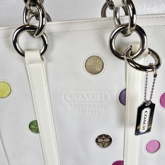 Limited Coach White Leather Multicolor Polka Dot Tote Bag 12676 Shoulder Purse - Picture 2 of 13